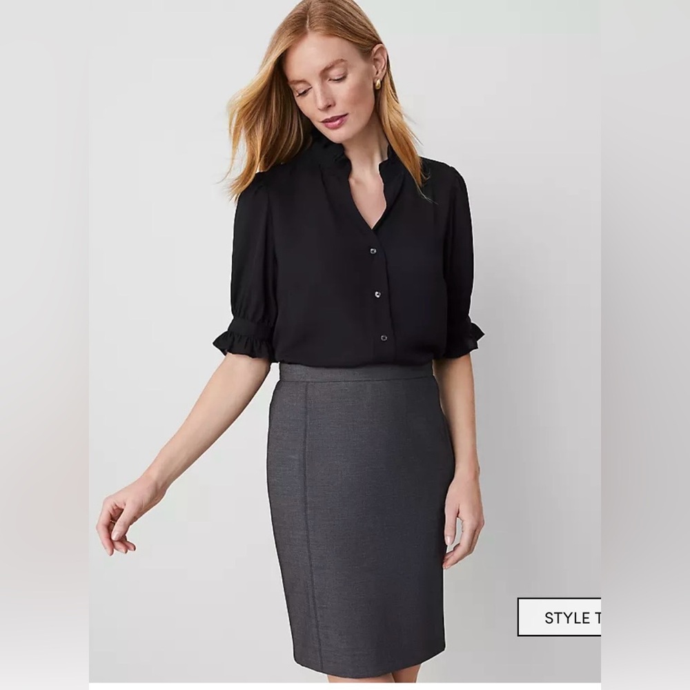 Ann Taylor Black Puff Sleeve Ruffled Blouse